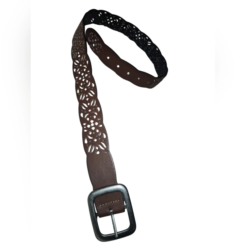 Brown Laser Cut Scalloped Boho Waist Belt Size M 39 Inches Long